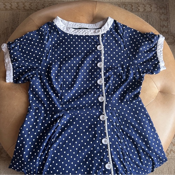 Unique Vintage 1950s Retro Plus Size Polkadot Button Blue Swing Dress, 3X / 20 - Picture 2 of 11